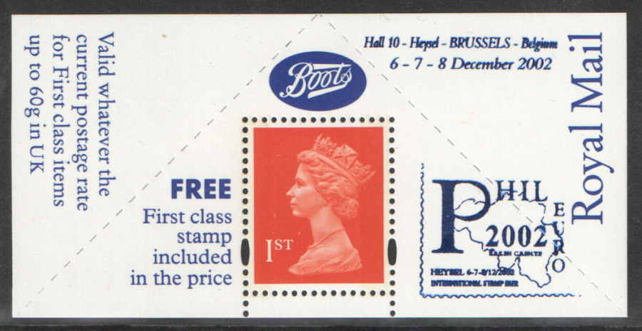 "Phil Euro 2002, Brussels" overprinted Boots 1st Class Stamp & Label (image for) "Phil Euro 2002, Brussels" overprinted Boots 1st Class Stamp & Label
